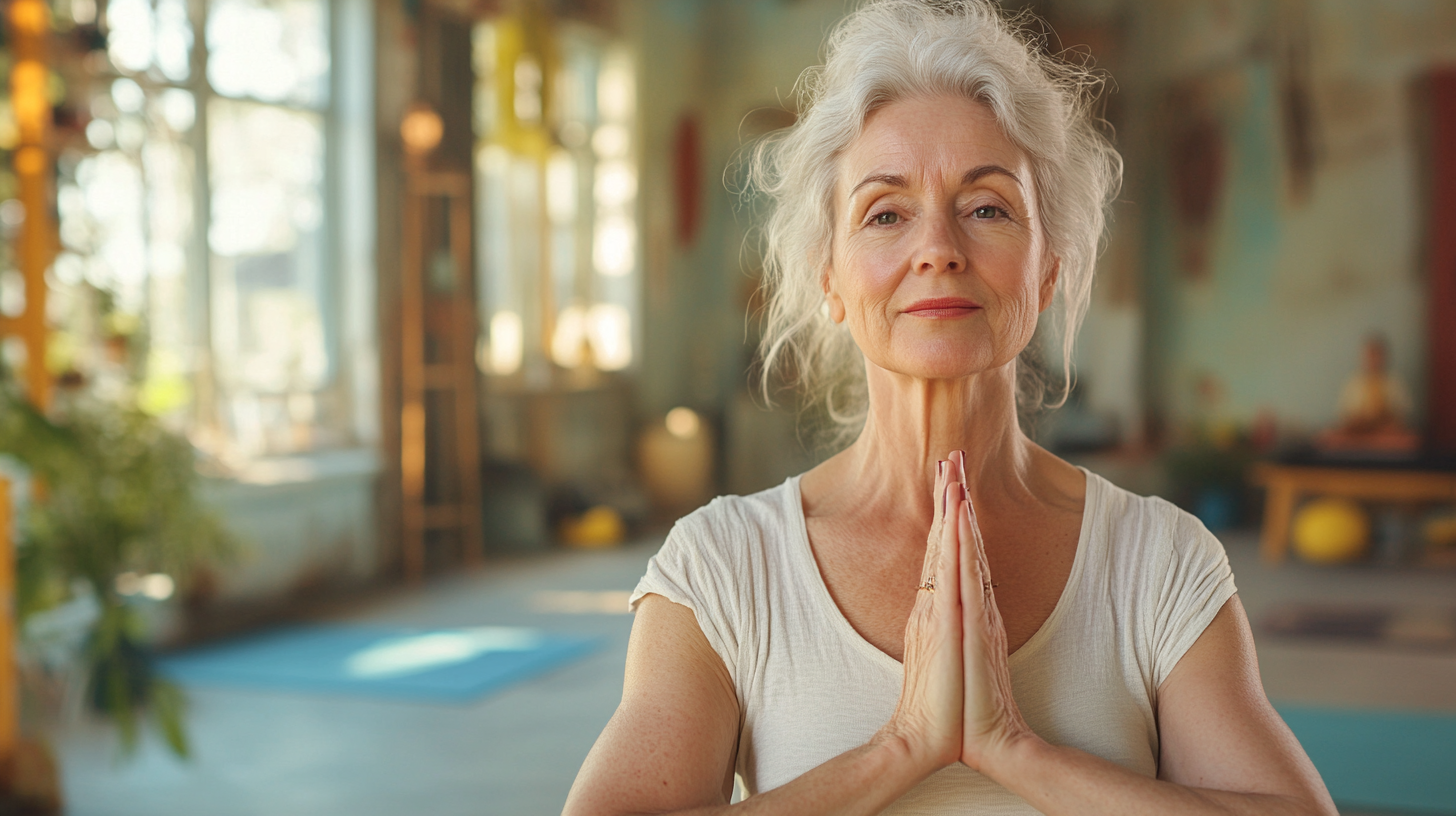 Група старших людей займається йогою з використанням сучасних технологій моніторингу